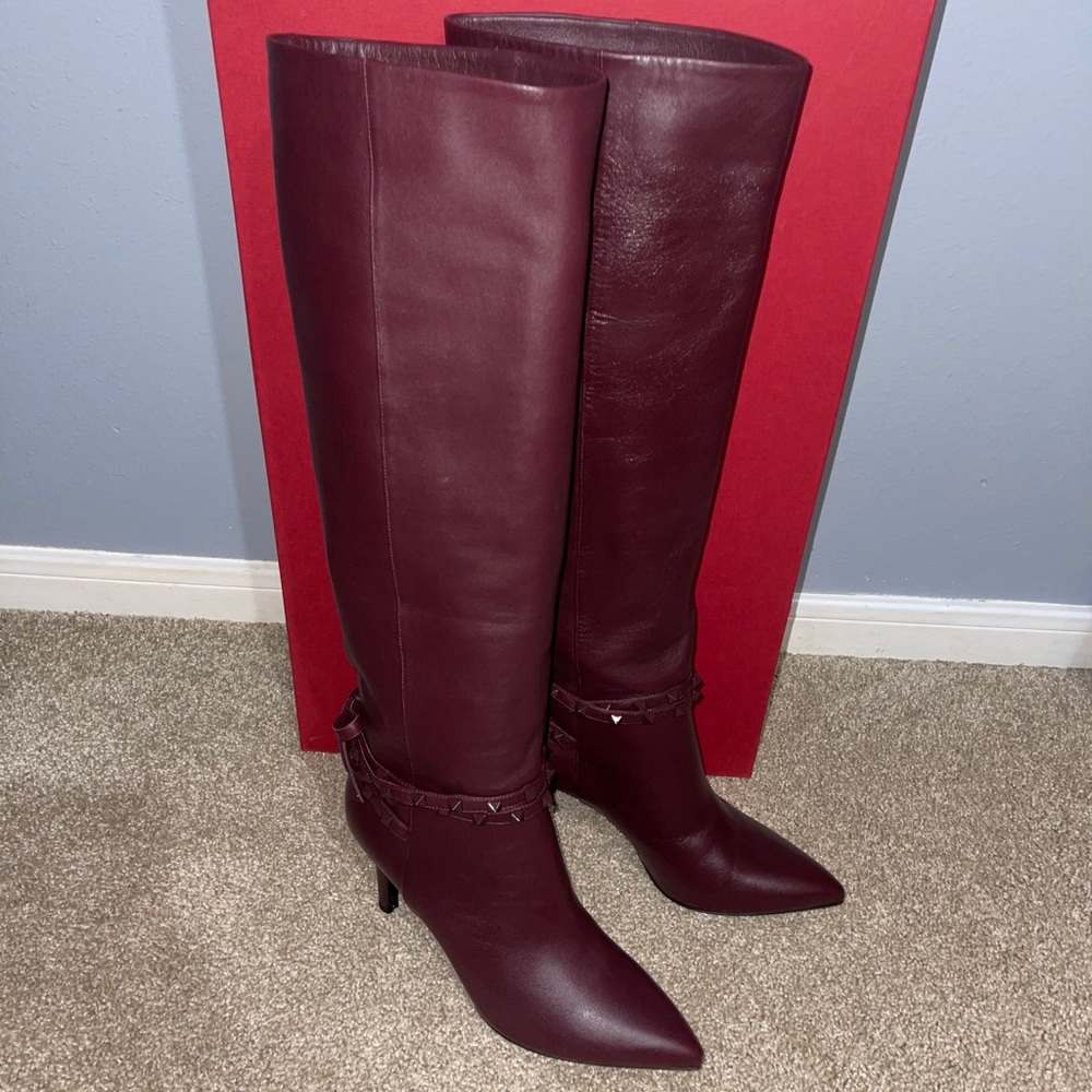 NWT Valentino Rockstud Burgundy Knee-High Boot 10